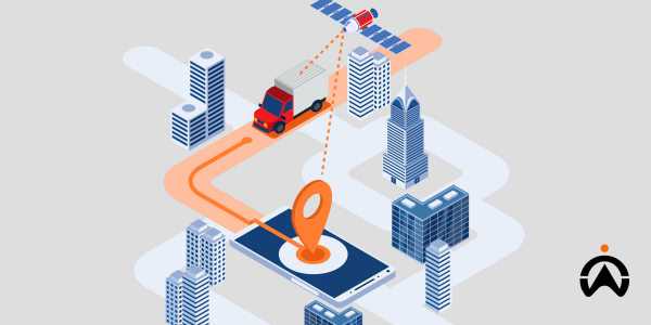 Điều hướng đội xe tải bằng ứng dụng theo dõi GPS trên điện thoại thông minh khi đi qua các tòa nhà đô thị.