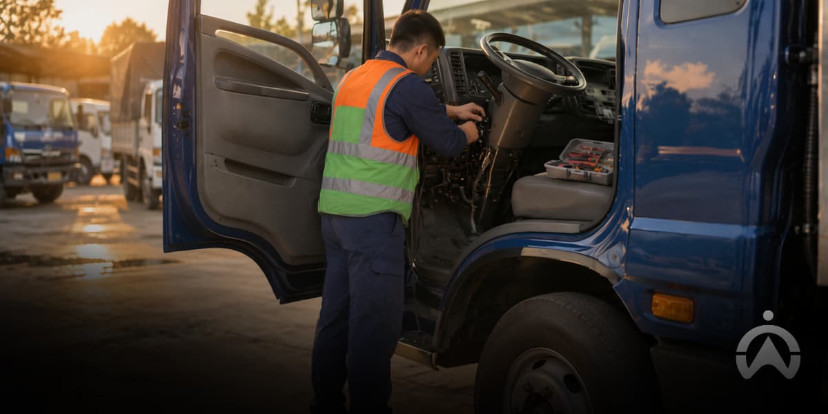 Mechanic in a reflective vest repairs the dashboard of a blue truck at a sunlit vehicle depot.