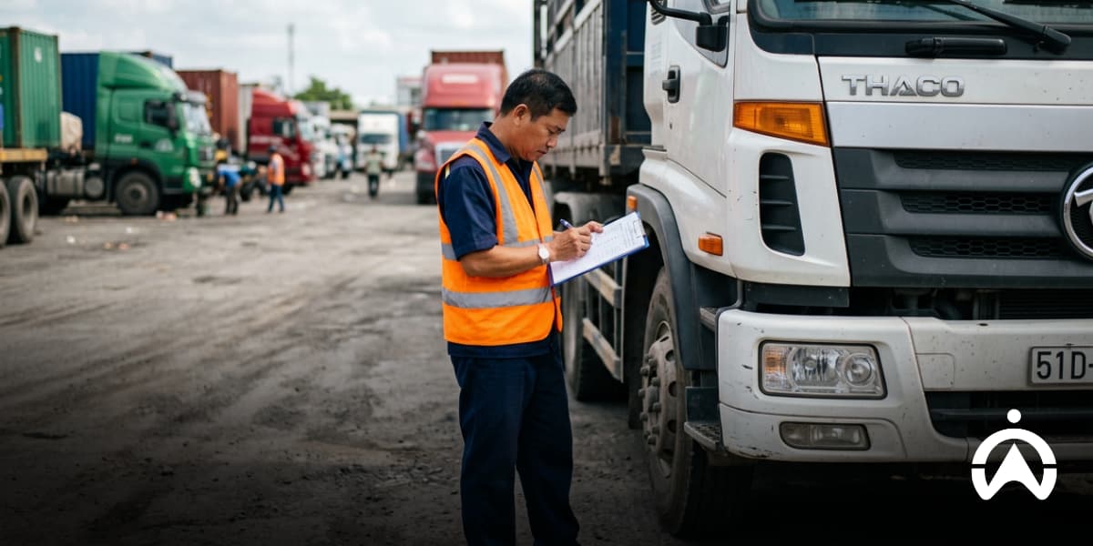 Worker in an orange safety vest records a white cargo truck at a busy industrial yard filled with parked trucks.